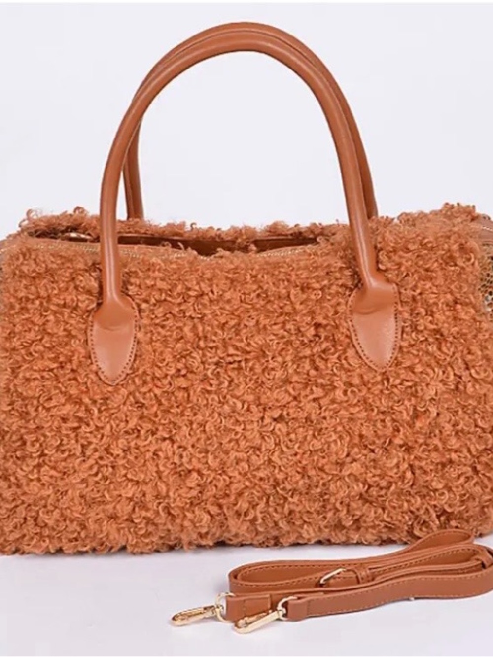 Textured Sherpa Tote Bag in Rust